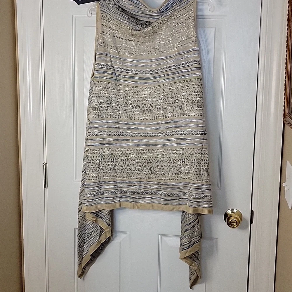 JW Style XL Open Cardigan Sweater Vest Tan Blue White Stripe